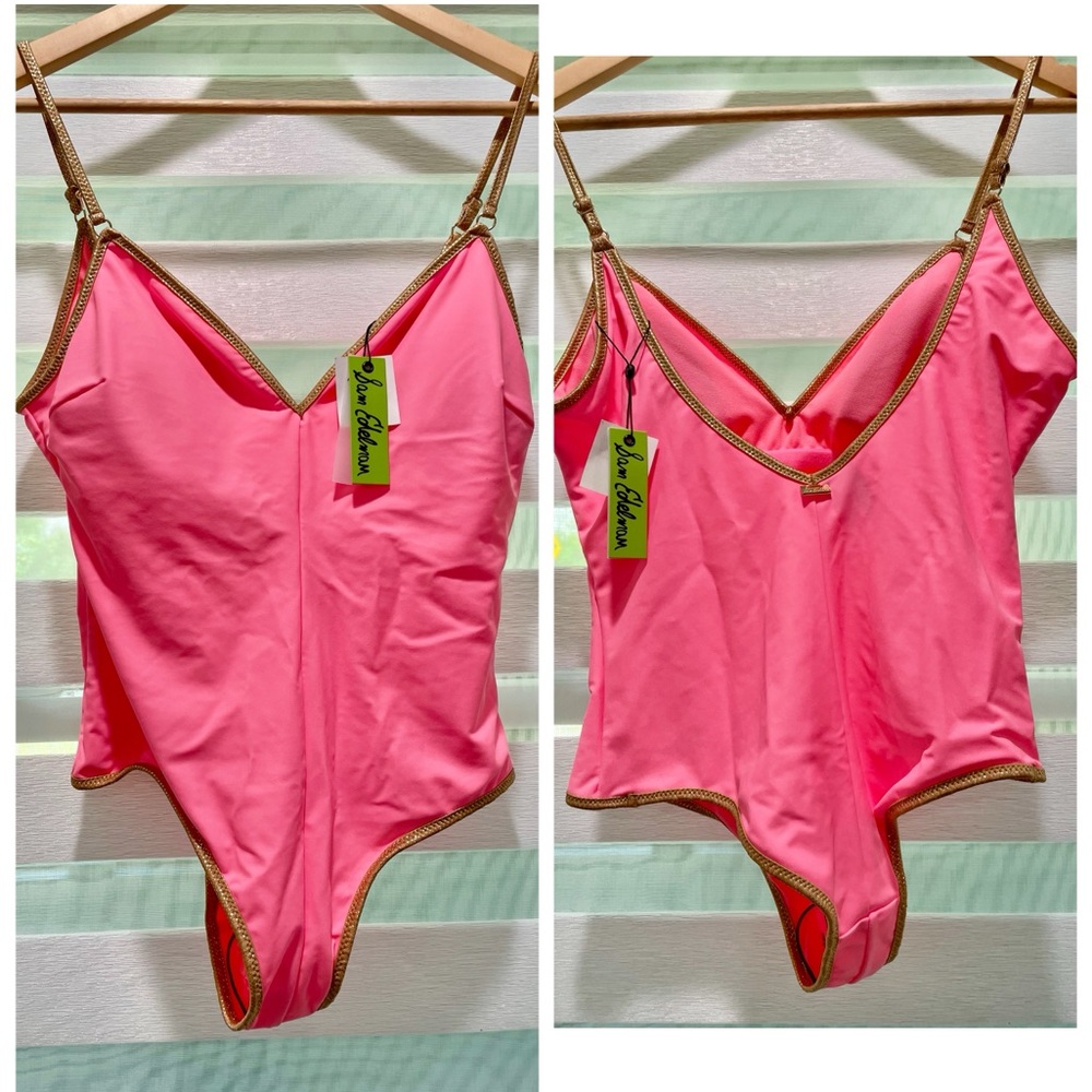 NWT pink Sam Edelman bubblegum CORAL pink gold trim swimsuit shelf brapad PLUNGE